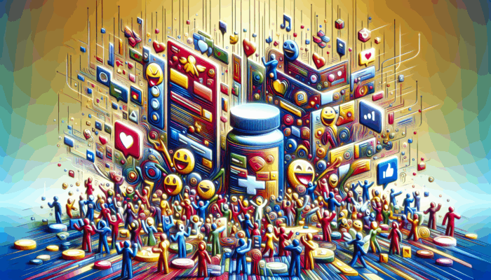 Using Humor in Supplement Social Media Campaigns: A vibrant social media interface showcasing humorous supplement brand posts, increasing user engagement and shares across diverse demographics.