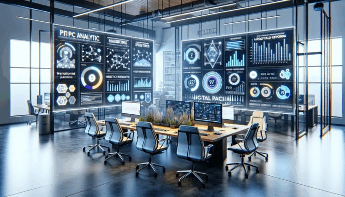 Digital marketing workspace showing PPC analytics and keyword research tools on screens in a modern office.