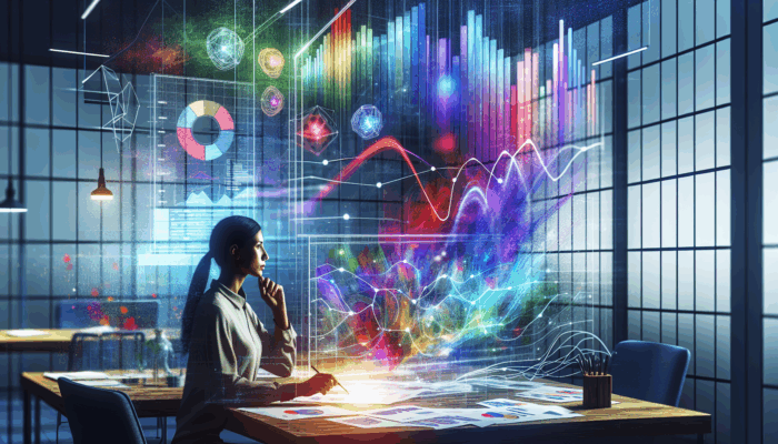 A person analyzing PPC campaign data on a digital screen with graphs and budget charts, surrounded by supplement industry logos and keywords.