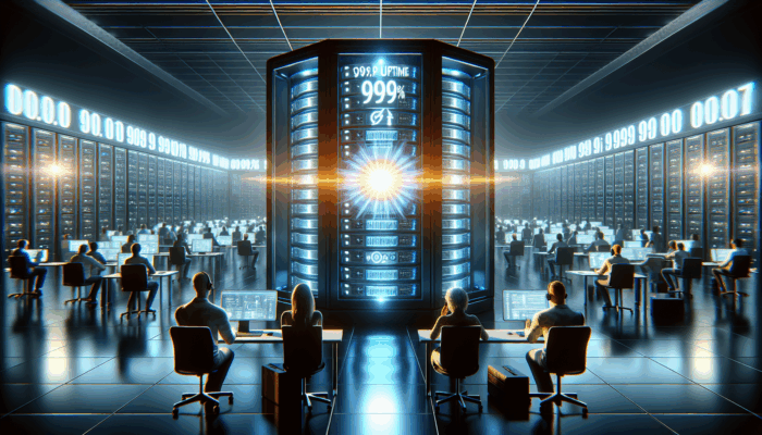 A glowing server rack with 99.9% uptime, 24/7 support team monitoring and assisting via multiple channels.