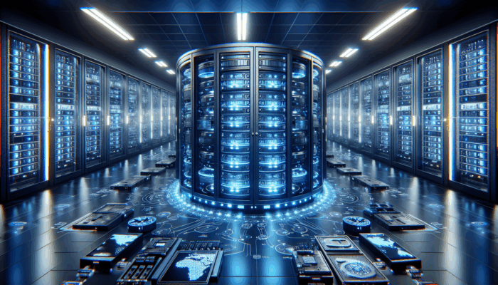 Futuristic server room with glowing SSDs, global CDN networks, and advanced caching systems enhancing website speed and user experience.