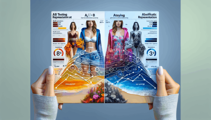 A/B testing of two email campaigns on screens, targeting young adults in a fashion retail setting, with analytics graphs.