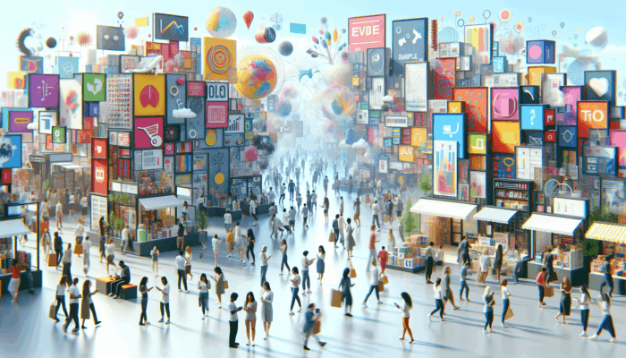 A vibrant digital marketplace showcasing packages, with strategic banners and mobile users engaging in purchases.