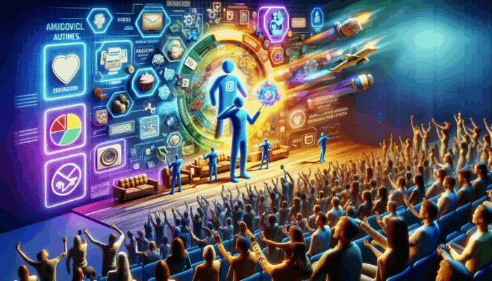 Vibrant digital art of influencers promoting brand packages on social media, surrounded by a diverse, engaged audience.