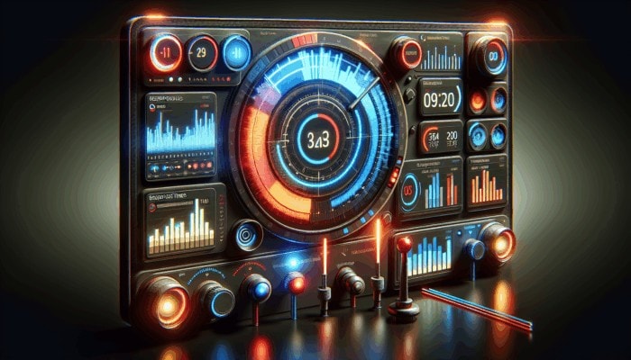A digital dashboard showing real-time response time analytics with graphs for peak times and staffing adjustments.