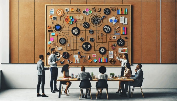 A creative workspace with a planning board and team members discussing video content strategies.