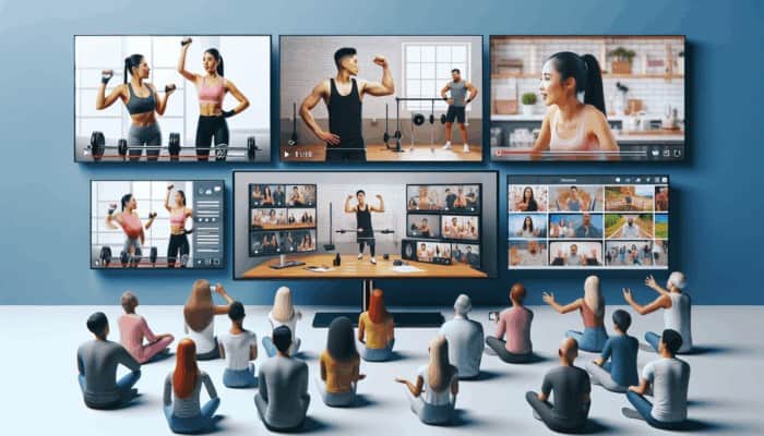 Fitness tutorials, expert interviews, and behind-the-scenes vlogs on screens, engaging diverse audience.