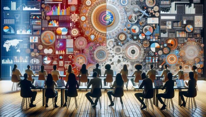 A diverse group engaging with ads tailored to their demographics, locations, and psychographic profiles in a modern setting.