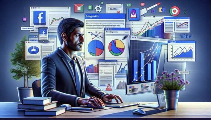 Marketer setting up A/B test on computer, focused on Google Ads and Facebook Ads interfaces with result graphs.