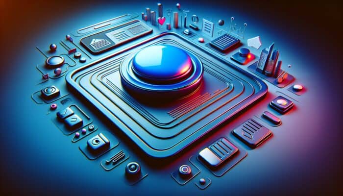 A vibrant, oversized call-to-action button on a modern webpage, glowing to entice user interaction.