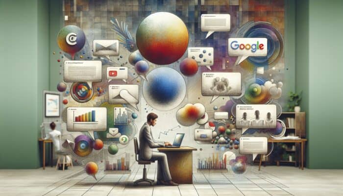 A person using a laptop with Google Trends and Answer the Public, surrounded by speech bubbles and video thumbnails in a modern office.