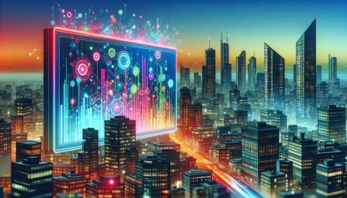 Dynamic digital billboard with vibrant hosting service ads against a bustling cityscape at twilight.