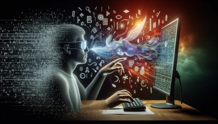 A visually impaired person using a screen reader with alt text symbols floating on the screen.