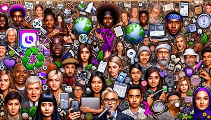 Creating Social Media Video Ads for Gen Z: Diverse young faces, eco-friendly symbols, mental health ribbons, and digital devices in a vibrant collage representing Gen Z values and trends.