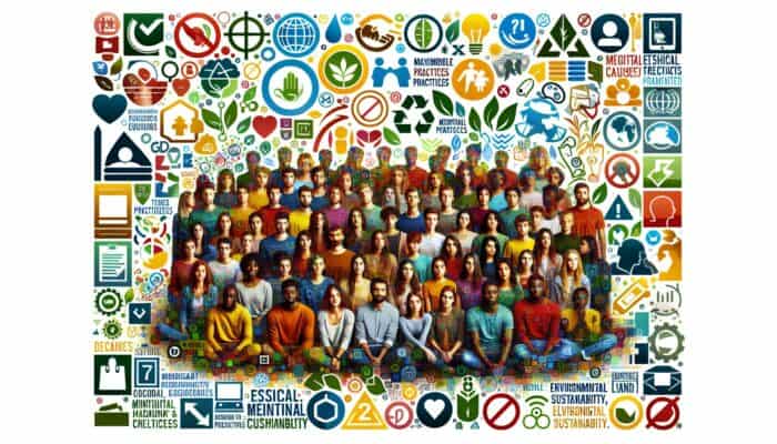 A vibrant collage of Gen Z consumers with symbols of social justice, mental health, and sustainability, engaging with ethical brands.