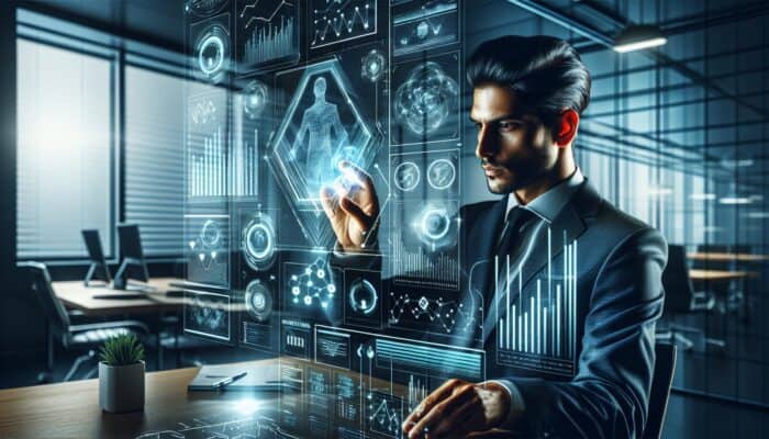 Futuristic analyst in sleek office studying market trends on glowing screens to stay competitive in supplement industry.