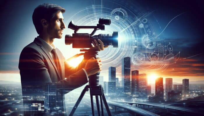 A videographer using 360-degree cameras to capture panoramic footage at sunset in an urban setting.