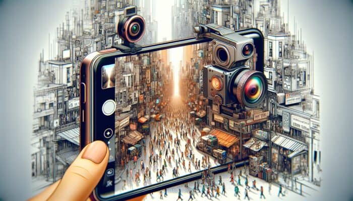 Smartphone with Insta360 ONE R and Ricoh Theta SC2 capturing a bustling city street in 360 degrees, editing apps on screen.