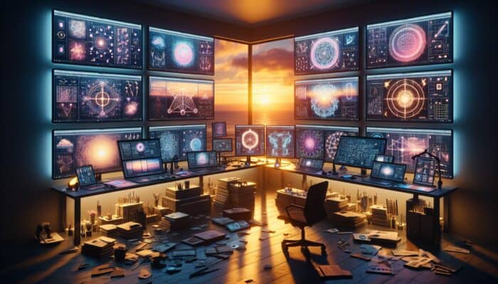 A digital artist's workspace with screens showing niche video content, strategy charts, and creative tools at sunset.