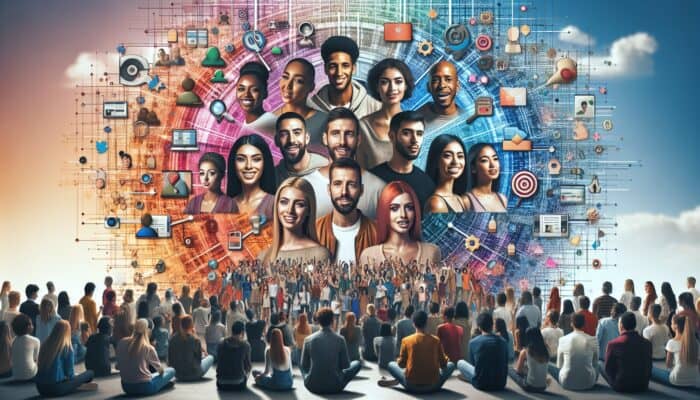 A digital collage of micro-influencers engaging with diverse, loyal audiences on e-commerce platforms, representing the future of influencer marketing.