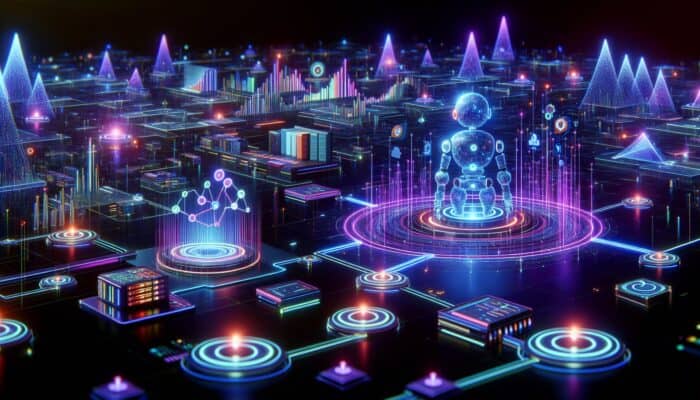 A futuristic digital landscape with AI bots optimizing web pages using data streams and glowing charts.