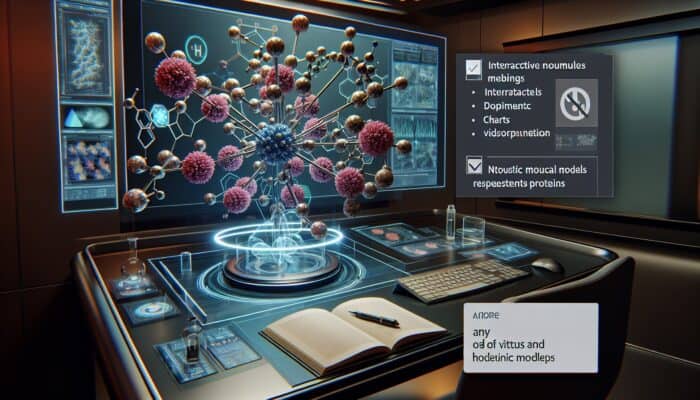 A futuristic VR setup for exploring protein science with interactive models in a high-tech environment.