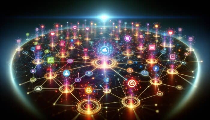 How to Measure Supplement Social Media Success: A vibrant digital landscape with interconnected nodes symbolizing social media platforms and a central brand logo.