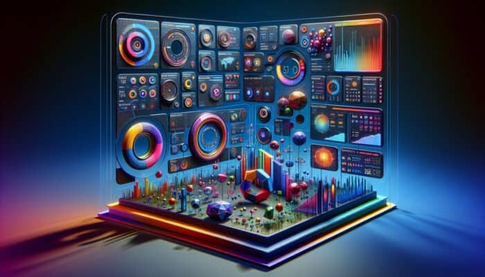 Futuristic dashboard showing real-time ad engagement metrics with graphs and colorful visualizations.