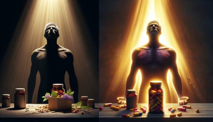 A weary individual in a dimly lit room discovers a vibrant supplement bottle, transforming into an energetic, joyful figure in warm golden light.