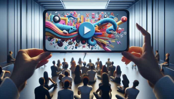 Creating Facebook Lead Video Ads For Sign-ups: A smartphone screen displaying a dynamic video ad with vibrant visuals, bold value proposition text, and a prominent sign-up button.