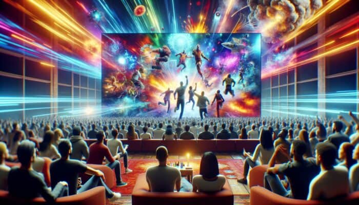 Diverse viewers in a modern living room, captivated by a large screen showing dynamic video with animations and explosive visuals, evoking excitement and smiles.