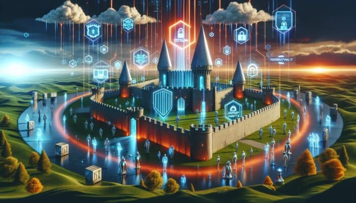 Digital fortress for secure forum hosting with SSL shields, firewall barriers, backup vaults, and anti-malware guards in a vibrant cyber landscape.
