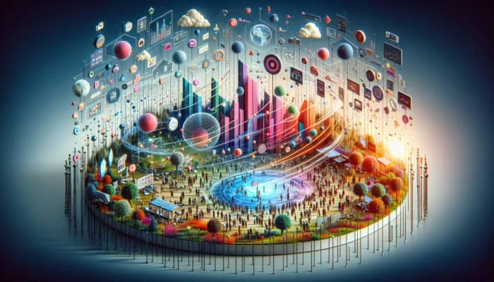 Vibrant digital landscape showing diverse people connecting in niche online communities via advanced tech interfaces and expanding networks.