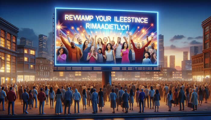 Urban dusk scene: glowing billboard displays "Transform Your Life Now!" with images of diverse people succeeding, as a smiling crowd engages below.