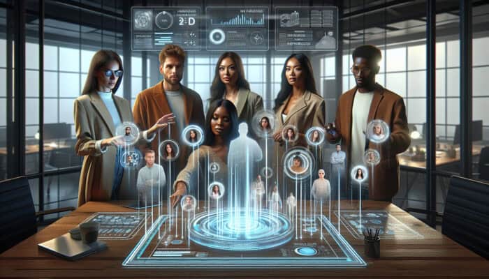 A marketing team in a modern office selects tactics on a screen, engages influencers via holograms, sets budgets, and monitors real-time graphs.