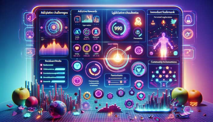 Futuristic health app dashboard showing adaptive challenges, personalized glowing rewards, feedback loops, and community sharing.