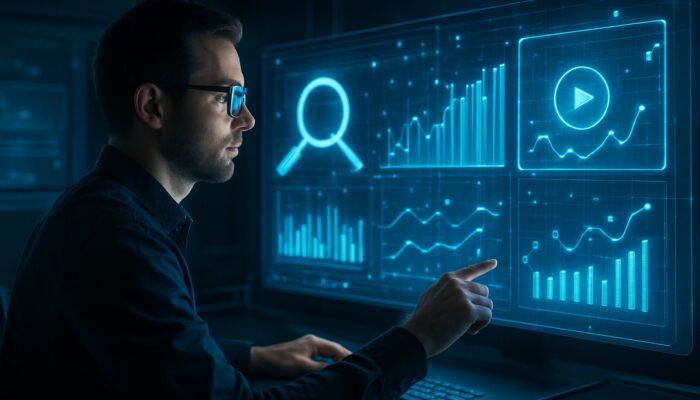 Digital strategist monitors holographic SEO graphs and adjusts video icons in futuristic control room.