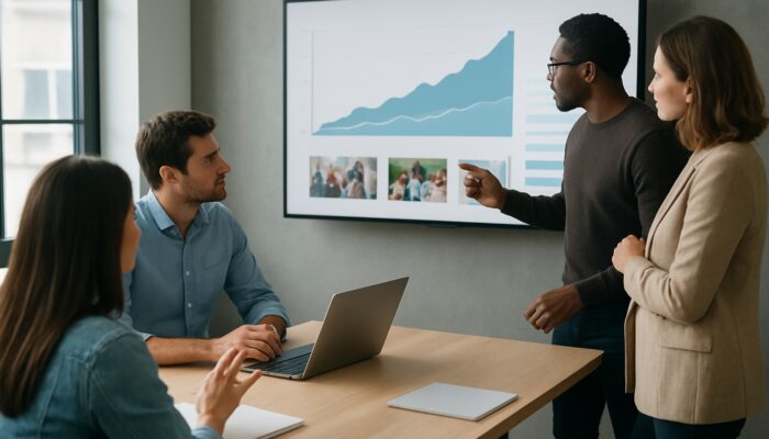 Team analyzes Bluesky viewer engagement graphs for charity fundraising video in modern office.