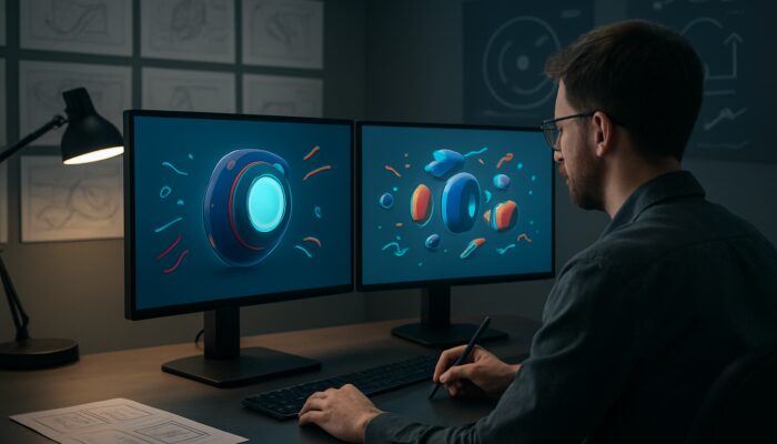 Designer animating vibrant explainer video for futuristic gadget on dual screens in sleek studio