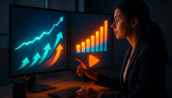 Marketer analyzing glowing metrics charts, reallocating resources to video content with upward engagement arrows.
