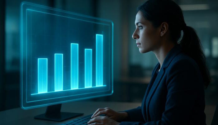 Marketer reviewing holographic dashboard with glowing bar charts comparing video ad engagement rates to industry benchmarks.