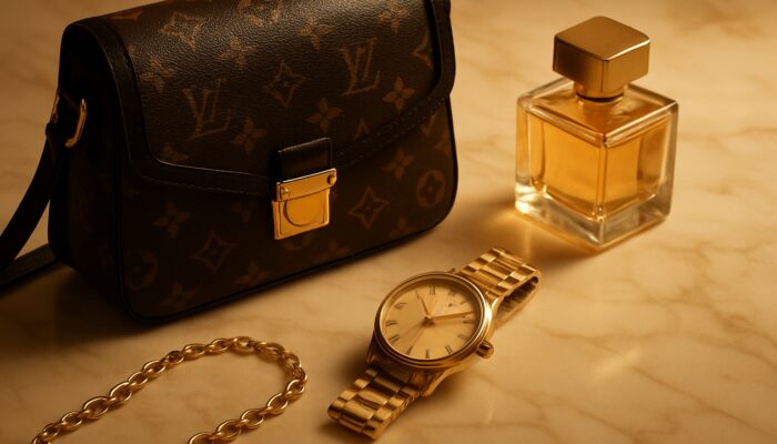 Luxury goods on marble with soft golden lighting and shoppable tags.